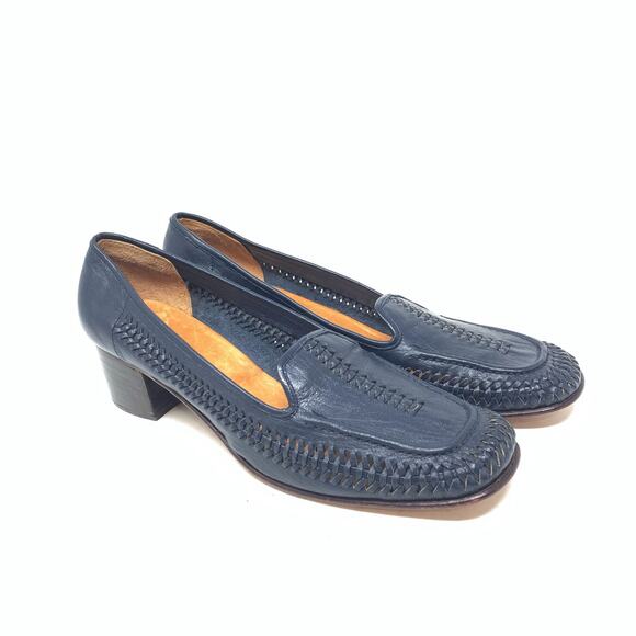 Bullock’s Made in Italy Navy Blue Leather Braided Woven Loafer Stacked Heel 9 N - Picture 1 of 8
